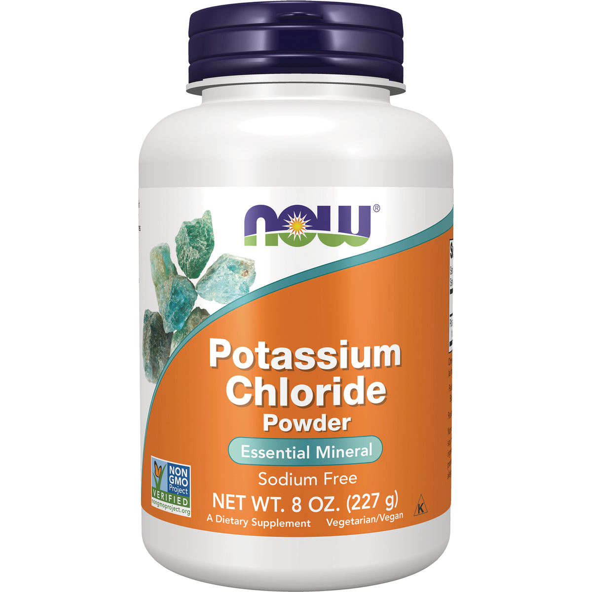 NWF905 | White bottle of Potassium Chloride Powder supplement by NOW, 8 oz sodium free