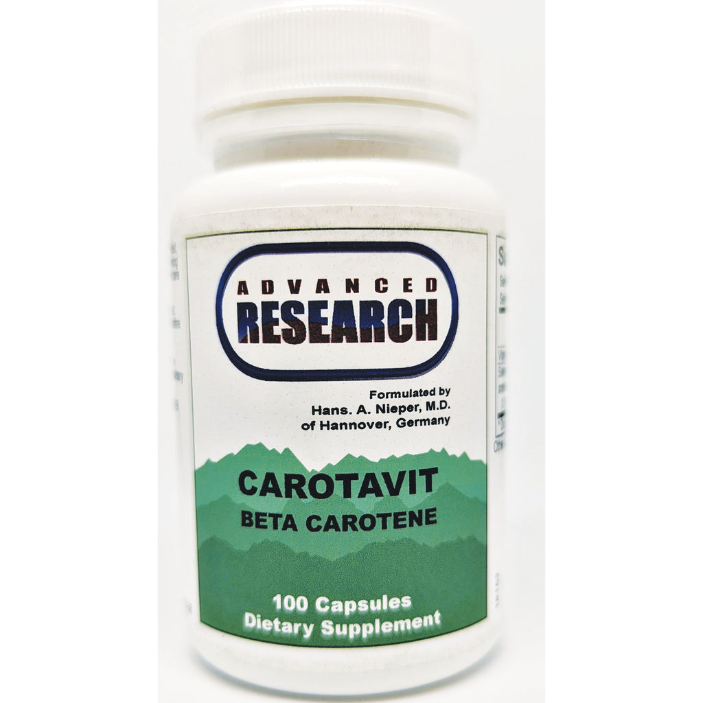 ADR010 | White bottle front labeled Advanced Research Carotavit Beta Carotene, 100 Capsules Dietary Supplement - Thumbnail