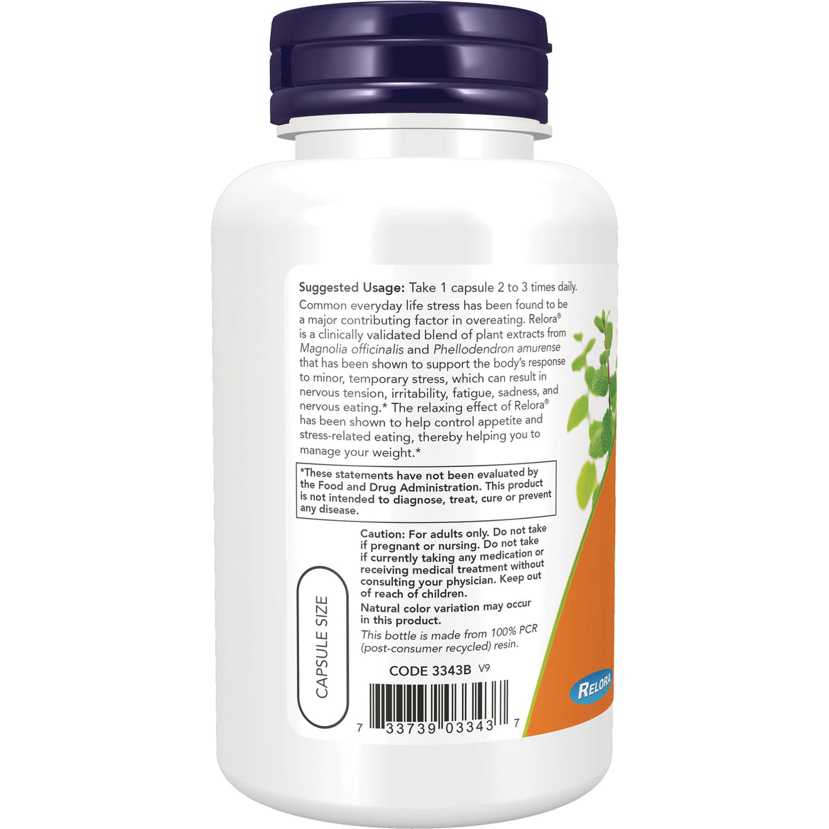NWF1122 | Back of white supplement bottle label showing suggested usage, cautions, capsule size and barcode