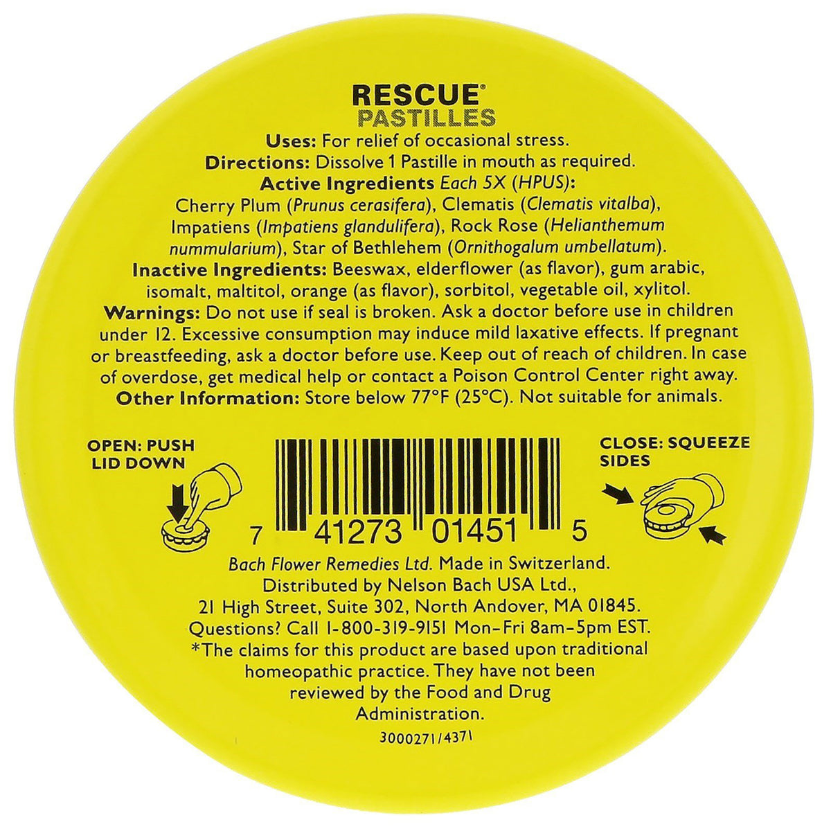 BFL015 | Yellow Rescue Pastilles tin back showing active and inactive ingredients, warnings, barcode and storage information