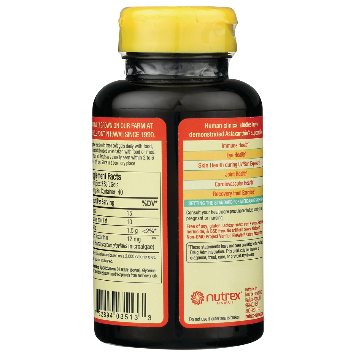 NUT006 | back of dark supplement bottle showing Supplement Facts, benefit list, barcode and Nutrex Hawaii logo