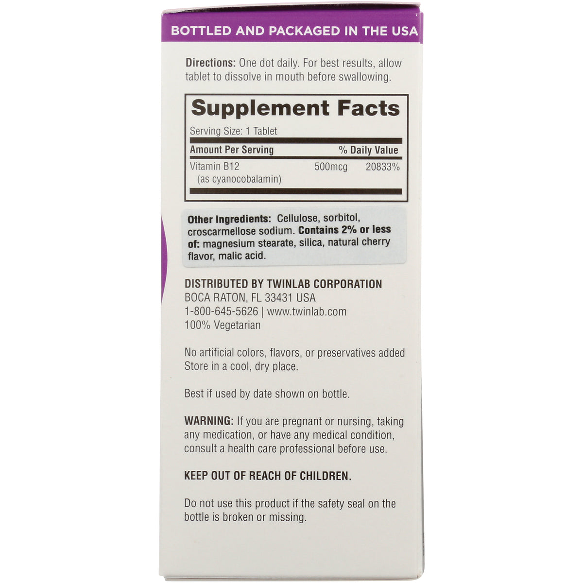 TL100 | Back panel with Supplement Facts for Vitamin B12 500 mcg and ingredients