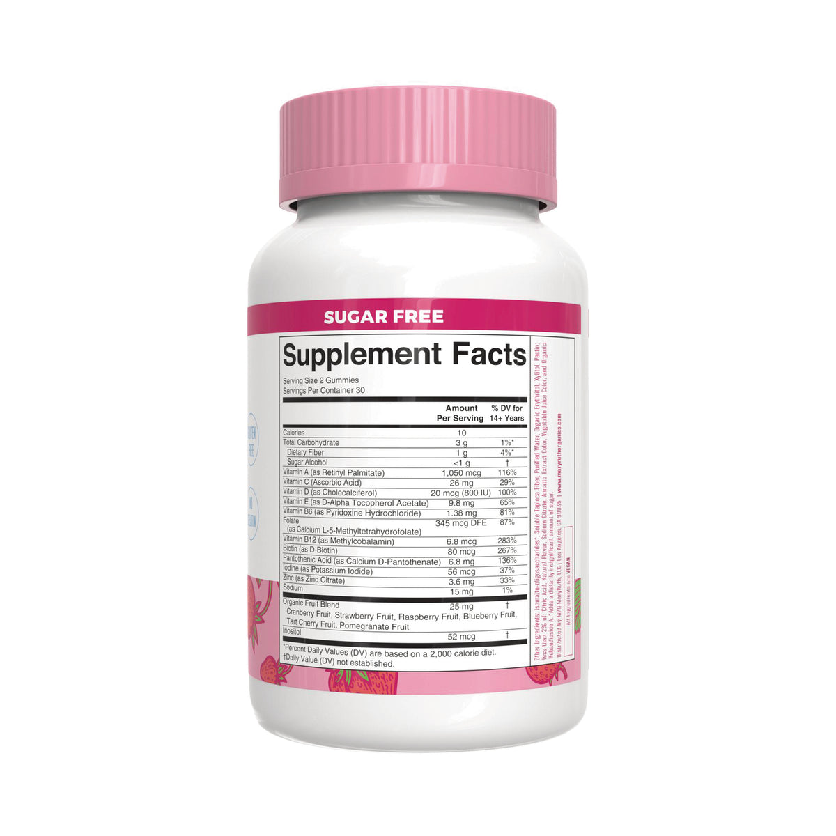 MRR040 | white bottle with pink cap showing Supplement Facts panel and SUGAR FREE label