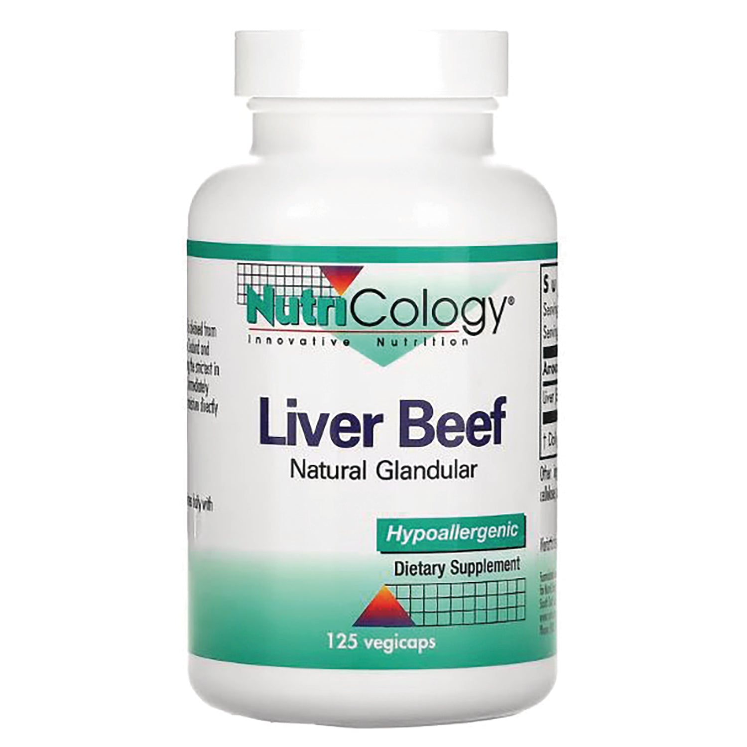 NCL005 | Nutricology Liver Beef natural glandular dietary supplement bottle, 125 vegicaps, hypoallergenic