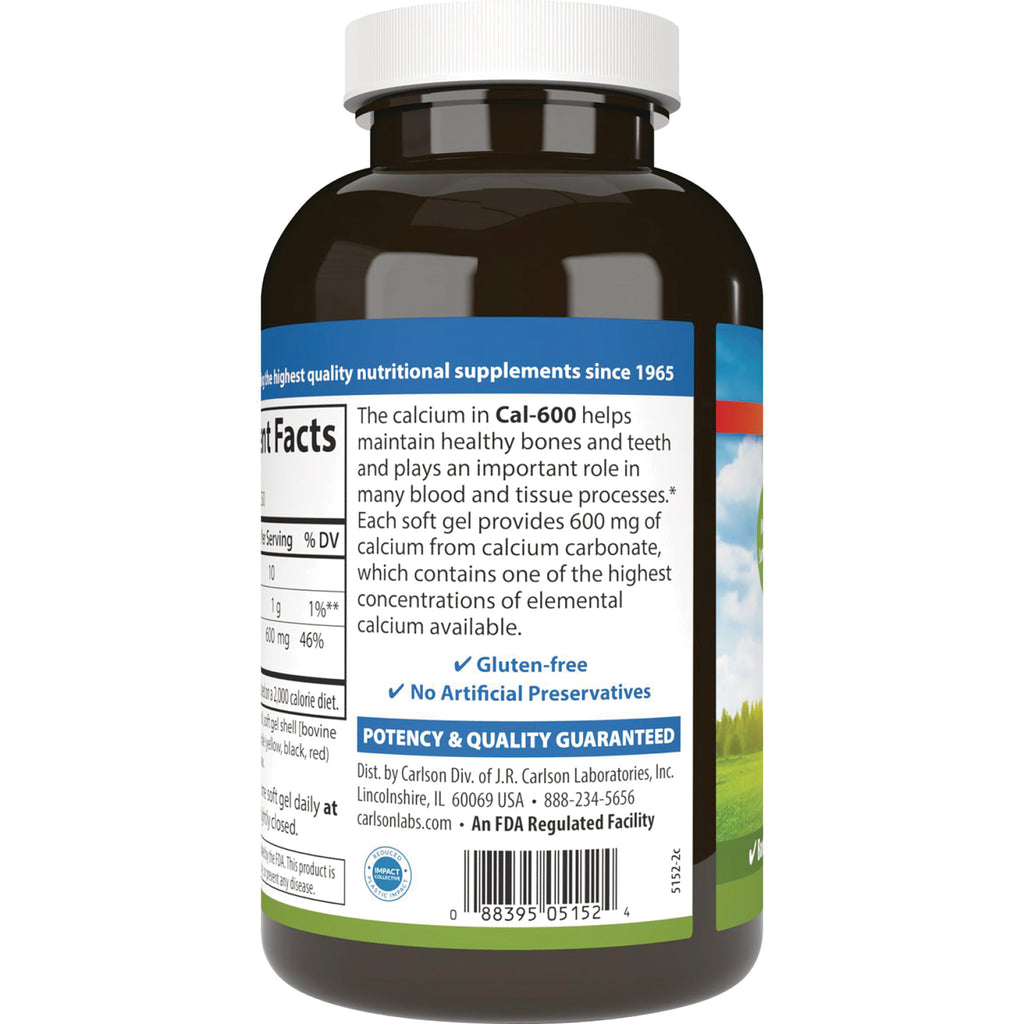 Back label of brown supplement bottle showing Cal-600 description, nutrition facts, gluten-free and no artificial preservatives, barcode - Thumbnail