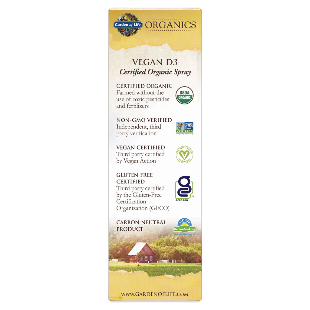 GLF187 | Back panel of Garden of Life Organics Vegan D3 spray showing certifications: USDA Organic, Non-GMO, vegan, gluten free, carbon neutral - Thumbnail