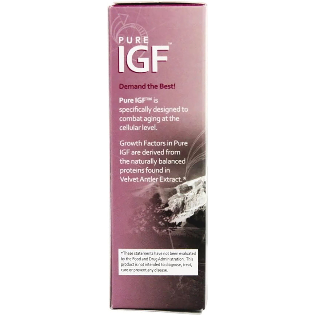 PSL005 | Back panel of Pure IGF supplement box with product description, Velvet Antler Extract note and FDA disclaimer - Thumbnail