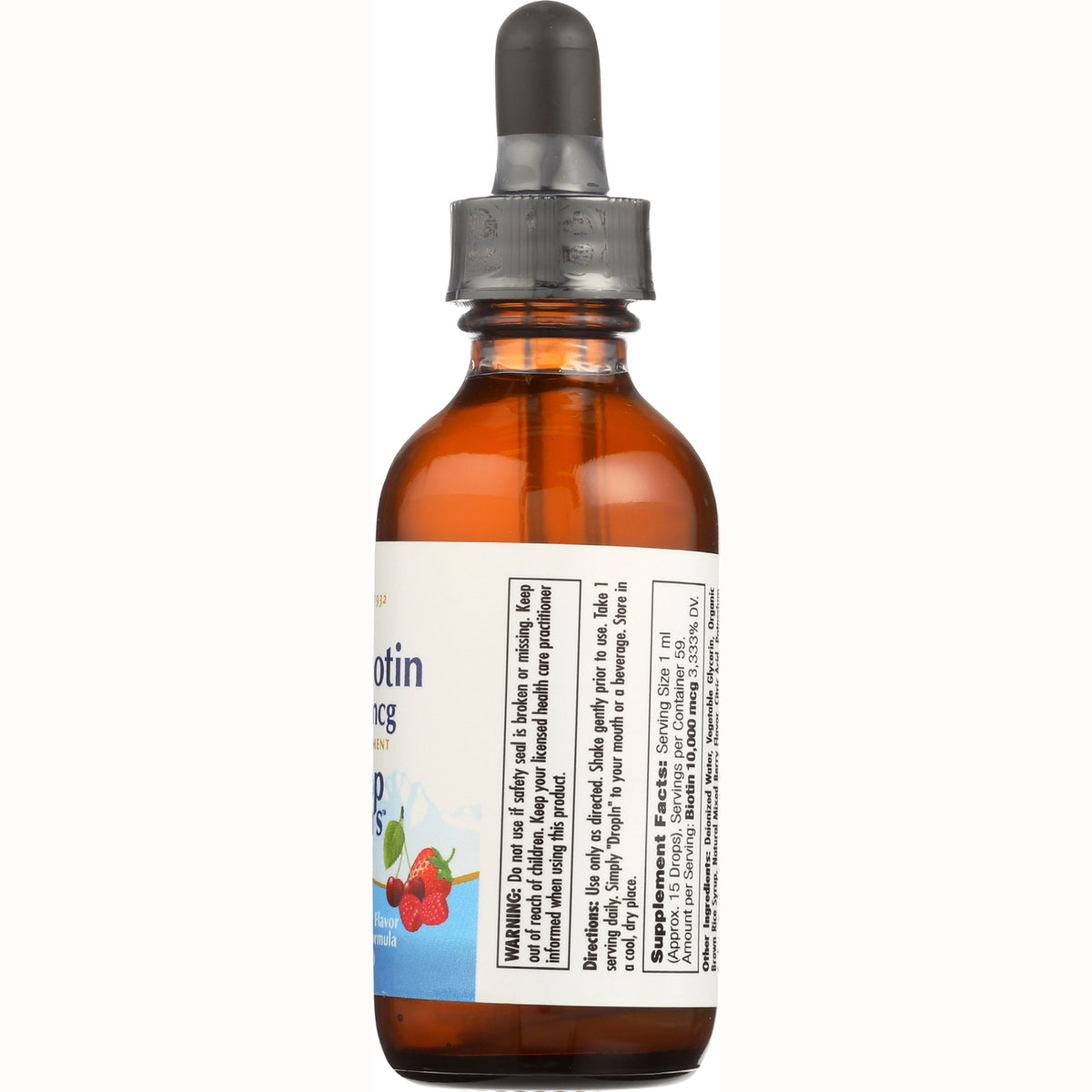 KL553 | amber glass dropper bottle showing back label with supplement facts and small berry illustration