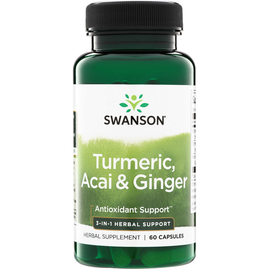 SW1586 | Swanson Turmeric, Acai & Ginger supplement bottle, Antioxidant Support, 3-in-1 Herbal Support, 60 capsules - Thumbnail