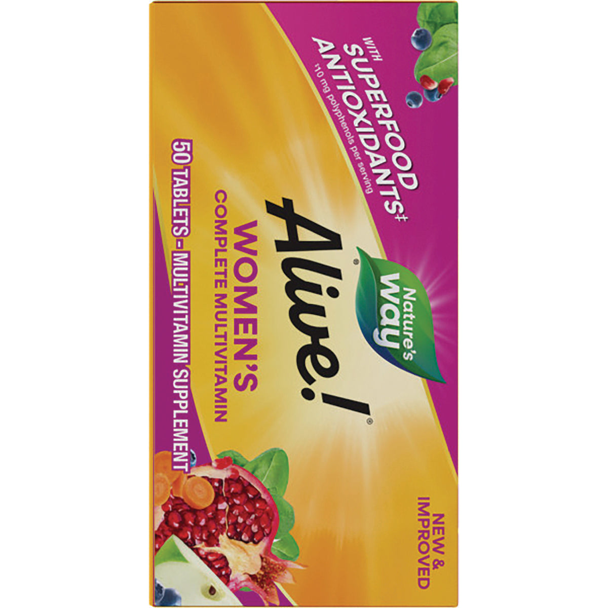 NW1015 | Nature's Way Alive! Women's complete multivitamin box with pomegranate artwork and Superfood Antioxidants callout