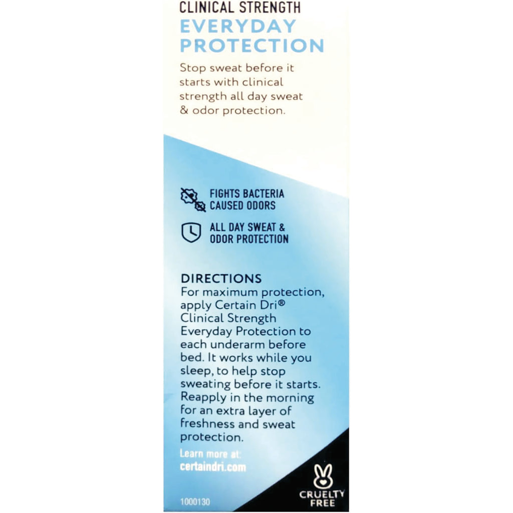 DSE007 | Back panel of Certain Dri Clinical Strength Everyday Protection showing directions, benefits text and cruelty free logo - Thumbnail