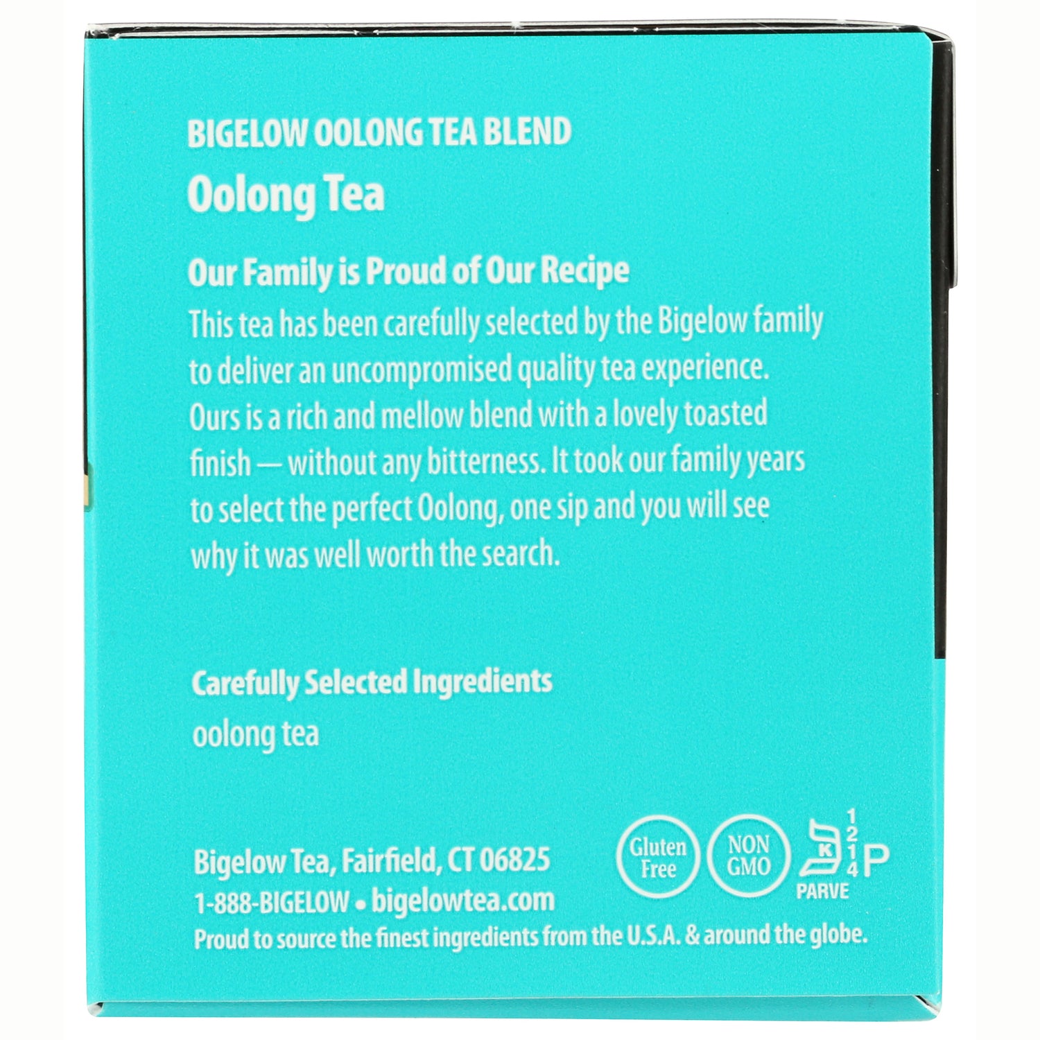 BGT022 | Back panel of Bigelow Oolong Tea box showing product description, ingredients, and company contact info