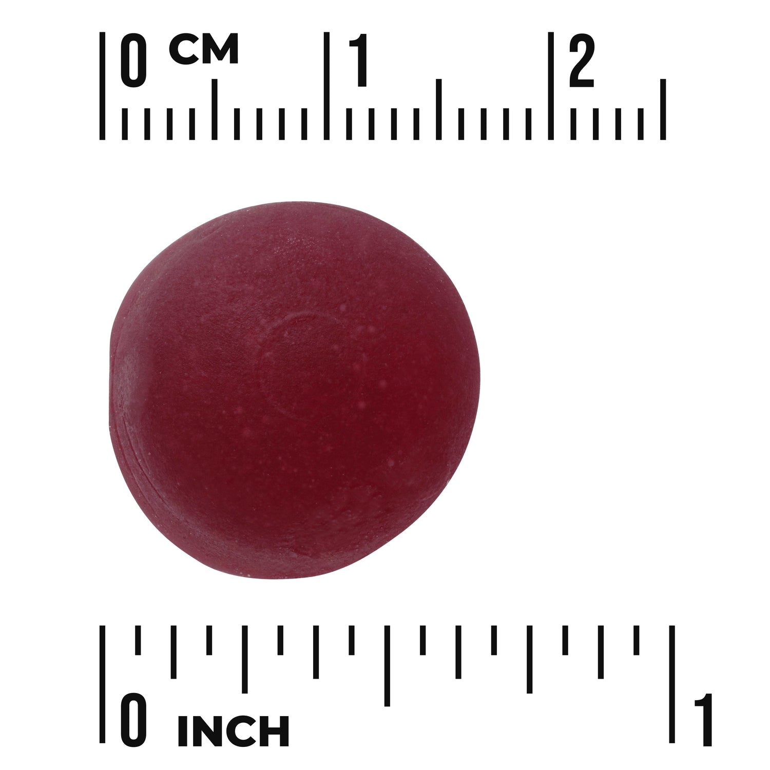 SW1846 | Red round gummy shown to scale with centimeter and inch rulers