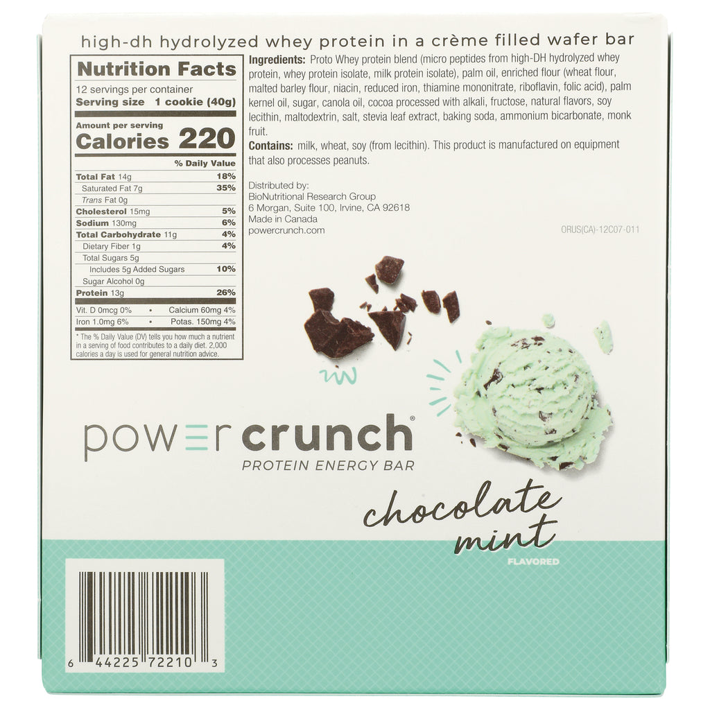 BNR011 | Back of Power Crunch chocolate mint protein energy bar box showing Nutrition Facts panel, ingredients, and barcode - Thumbnail