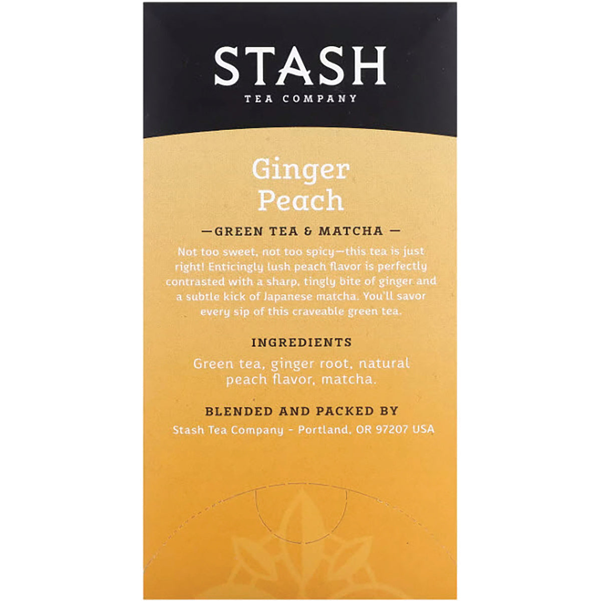 STH008 | Back of Stash Ginger Peach Green Tea & Matcha box with ingredients and company info