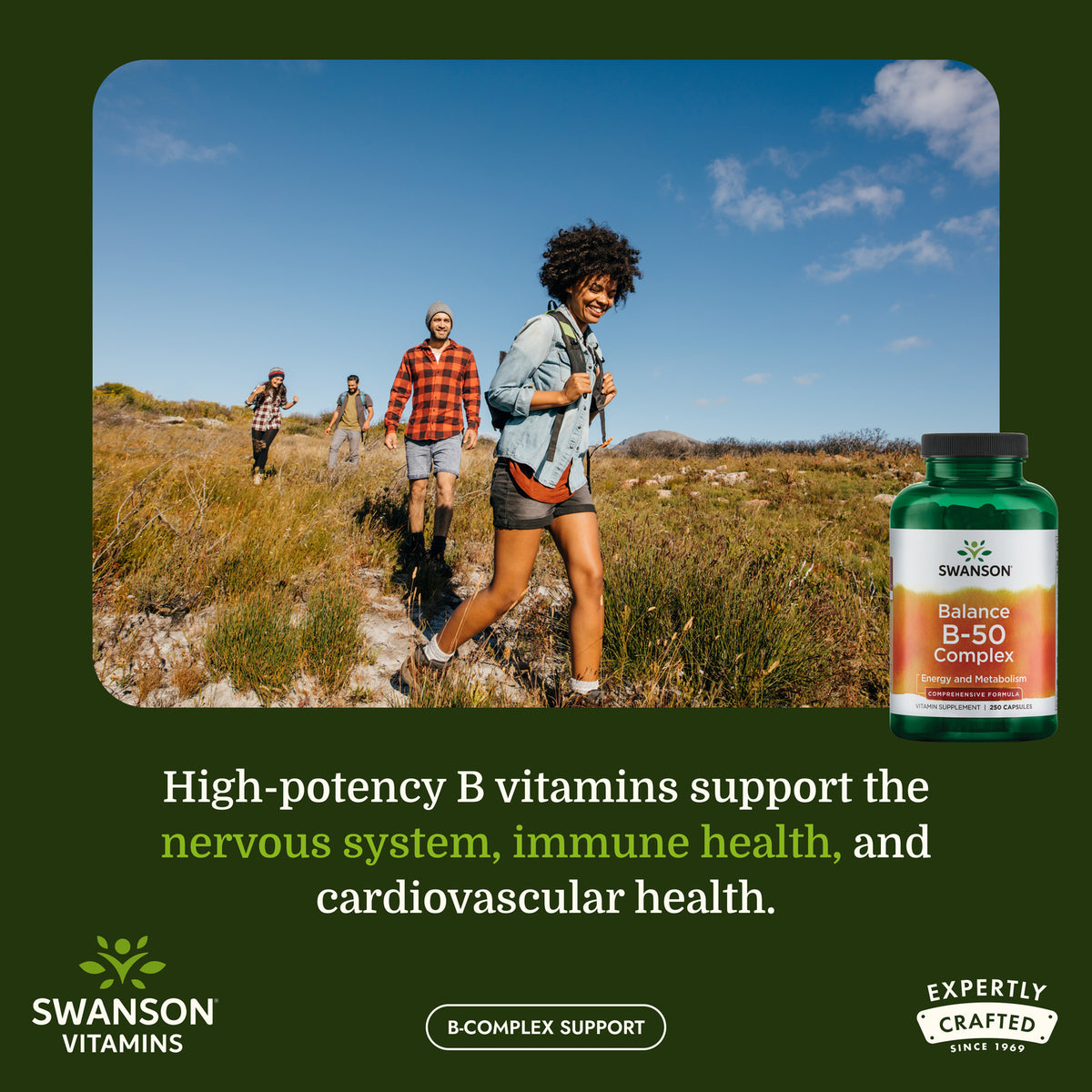 SW058 | Hikers with bottle image of High potency B vitamins support the nervous system, immune health and cardio
