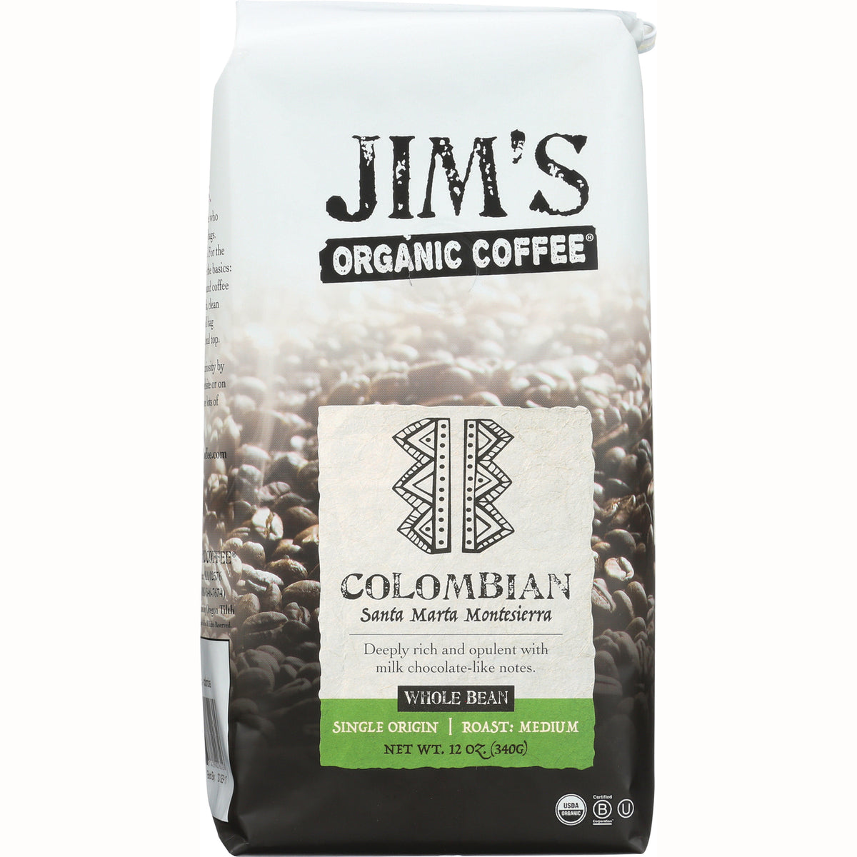 JOC001 | Jim's Organic Coffee Colombian whole bean bag, single origin medium roast, 12 oz