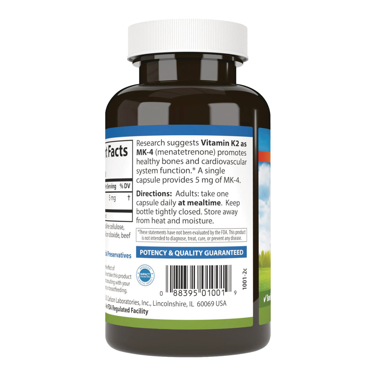 Bottle back label showing directions, Vitamin K2 MK-4 dosage text, potency & quality guaranteed panel and barcode