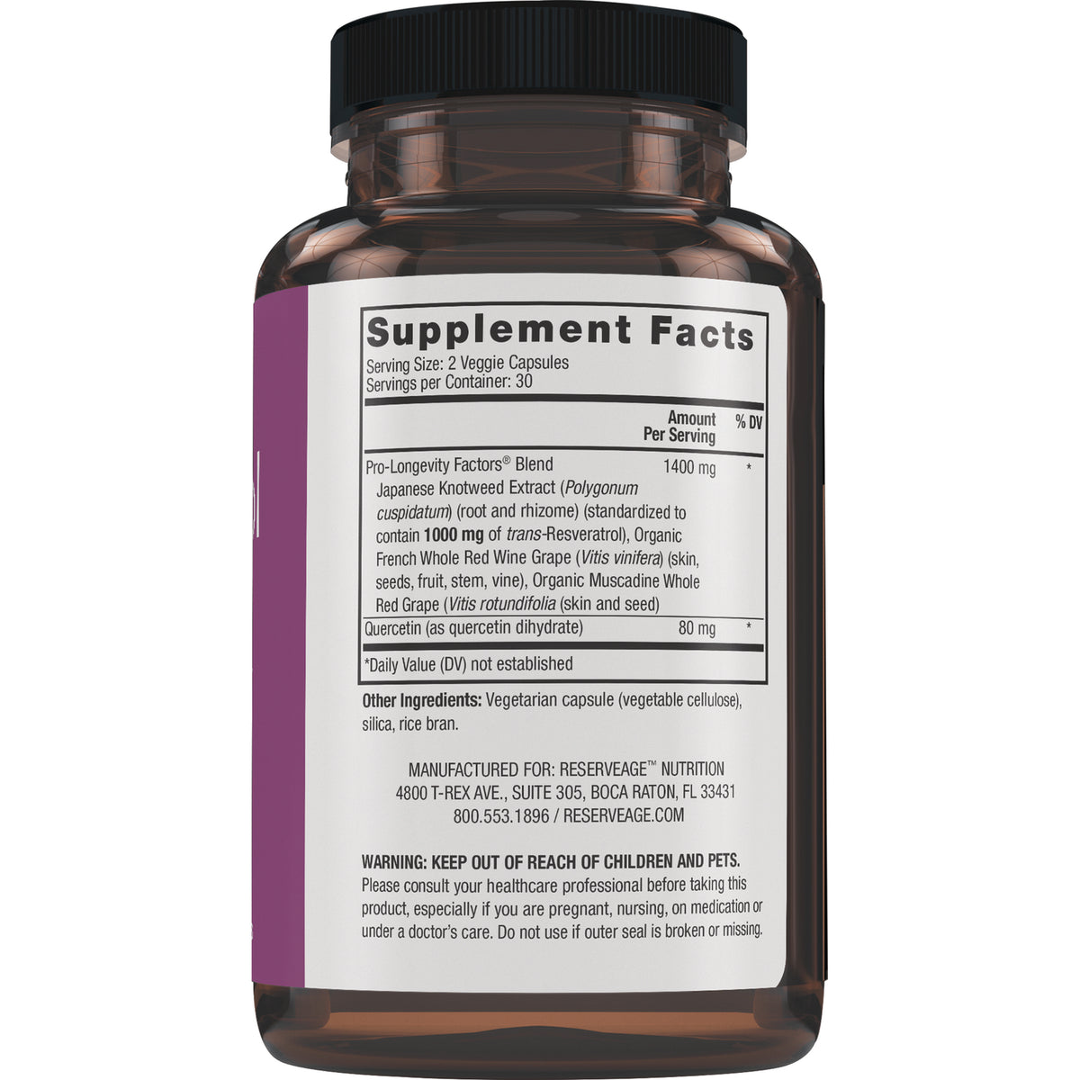 RSA039 | back label showing Supplement Facts panel, ingredient list, and warning text on brown supplement bottle