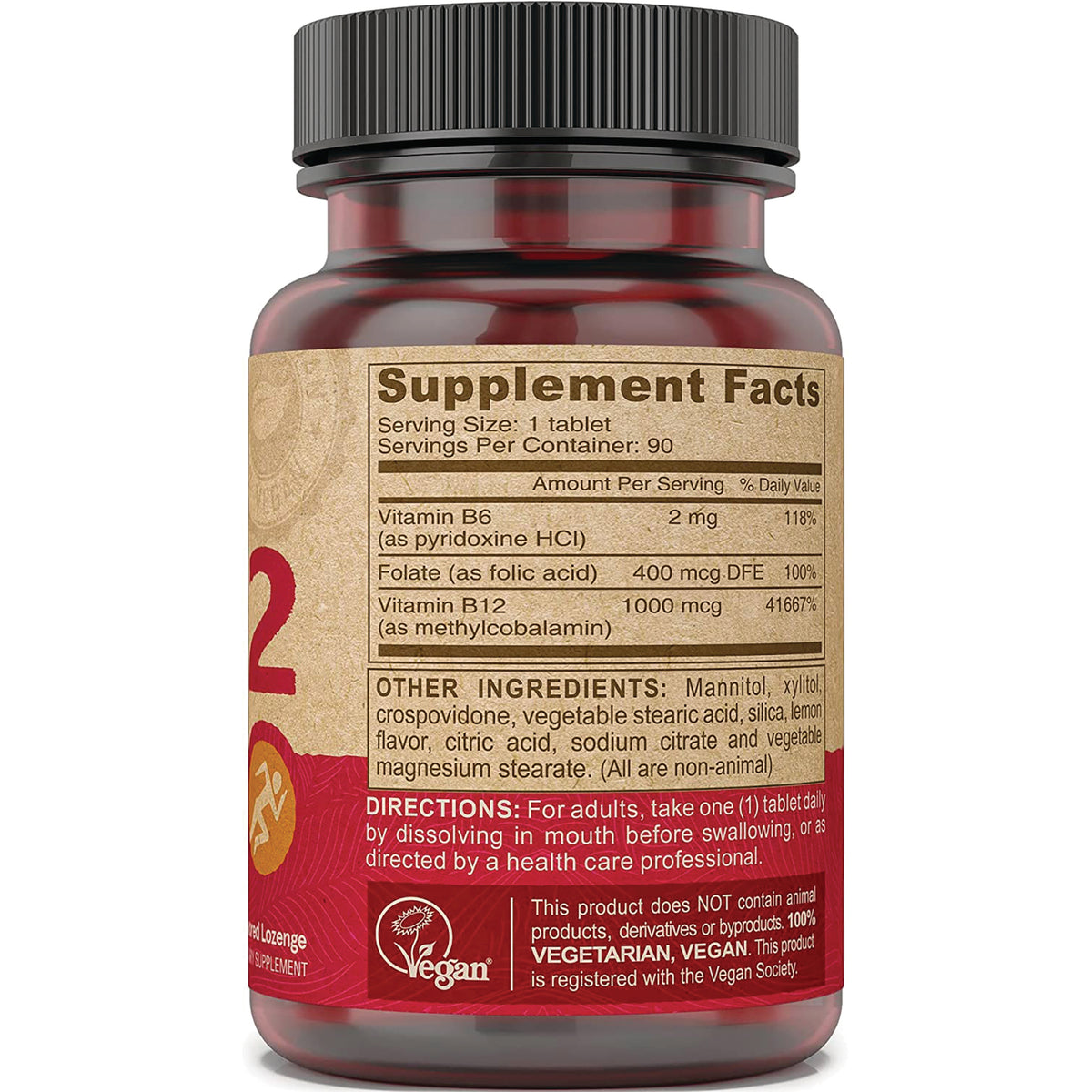 DEV008 | Back of red supplement bottle showing Supplement Facts panel, ingredient list, directions and vegan logo