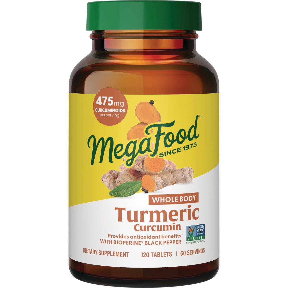 MGF049 | MegaFood Turmeric Curcumin amber bottle with green cap and yellow label reading MegaFood Whole Body Turmeric Curcumin