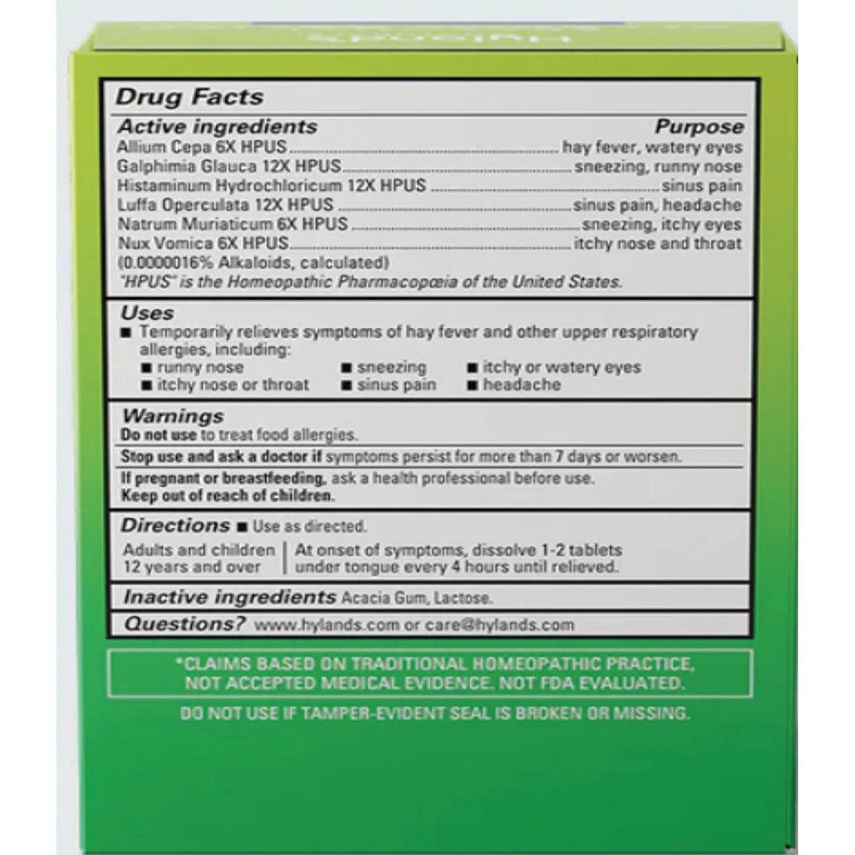 HY256 | back of green medicine box showing Drug Facts panel with active ingredients, uses, warnings, and directions