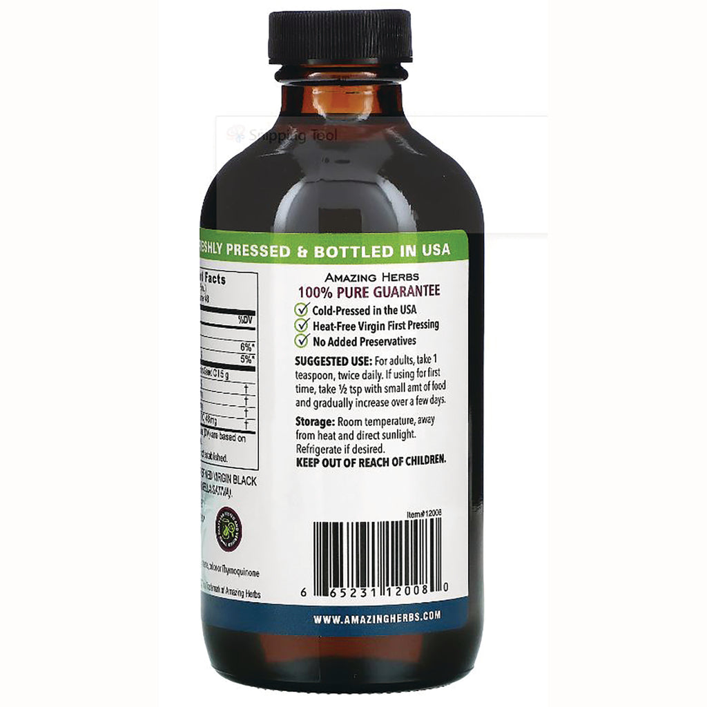 AZH005 | Back of amber bottle labeled Amazing Herbs 100% PURE GUARANTEE, suggested use, and barcode - Thumbnail