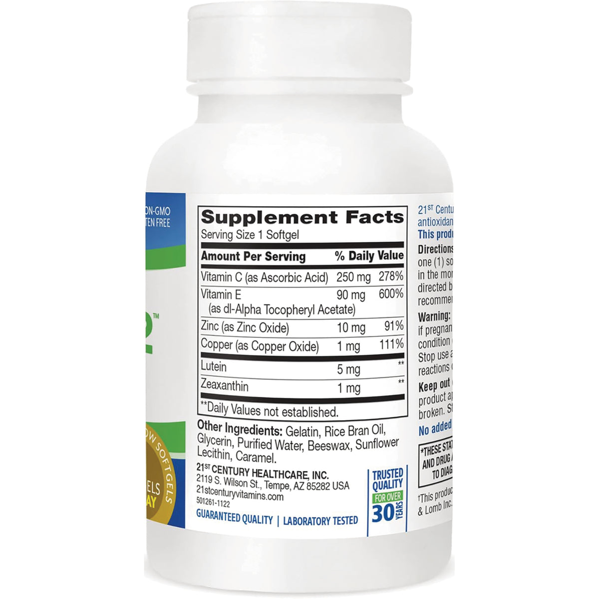 CNT269 | Back of white supplement bottle showing Supplement Facts panel listing vitamin C, vitamin E, zinc, copper and other ingredients