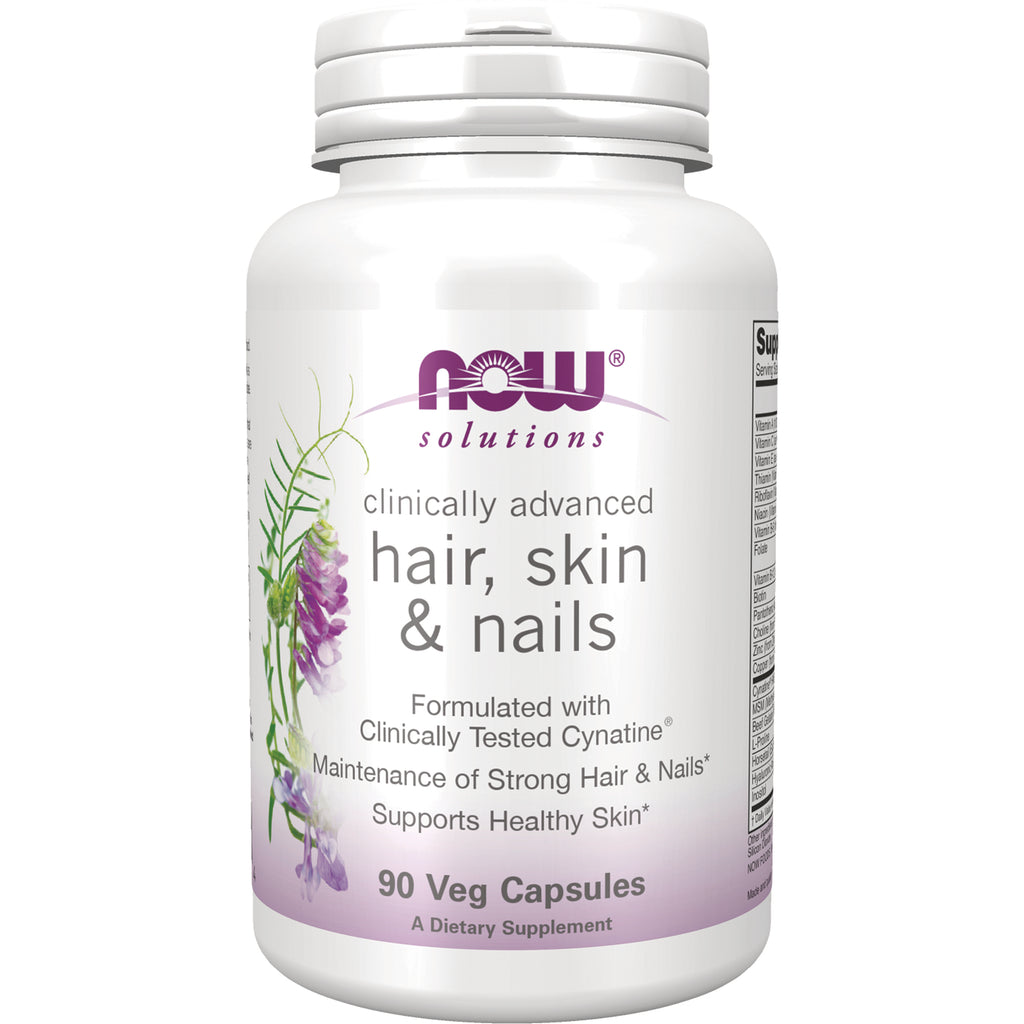 NWF1187 | White bottle of NOW Solutions hair, skin & nails supplement, 90 Veg Capsules front label - Thumbnail