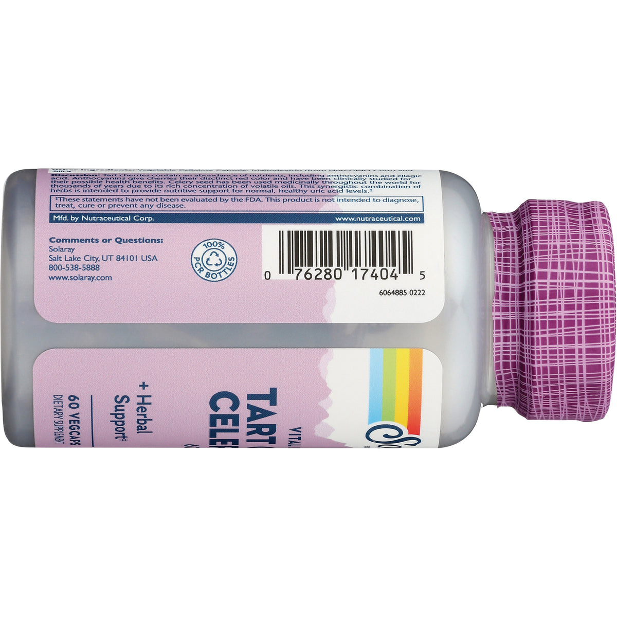 SLR495 | horizontal bottle back label and barcode on pink product infographic with purple patterned cap