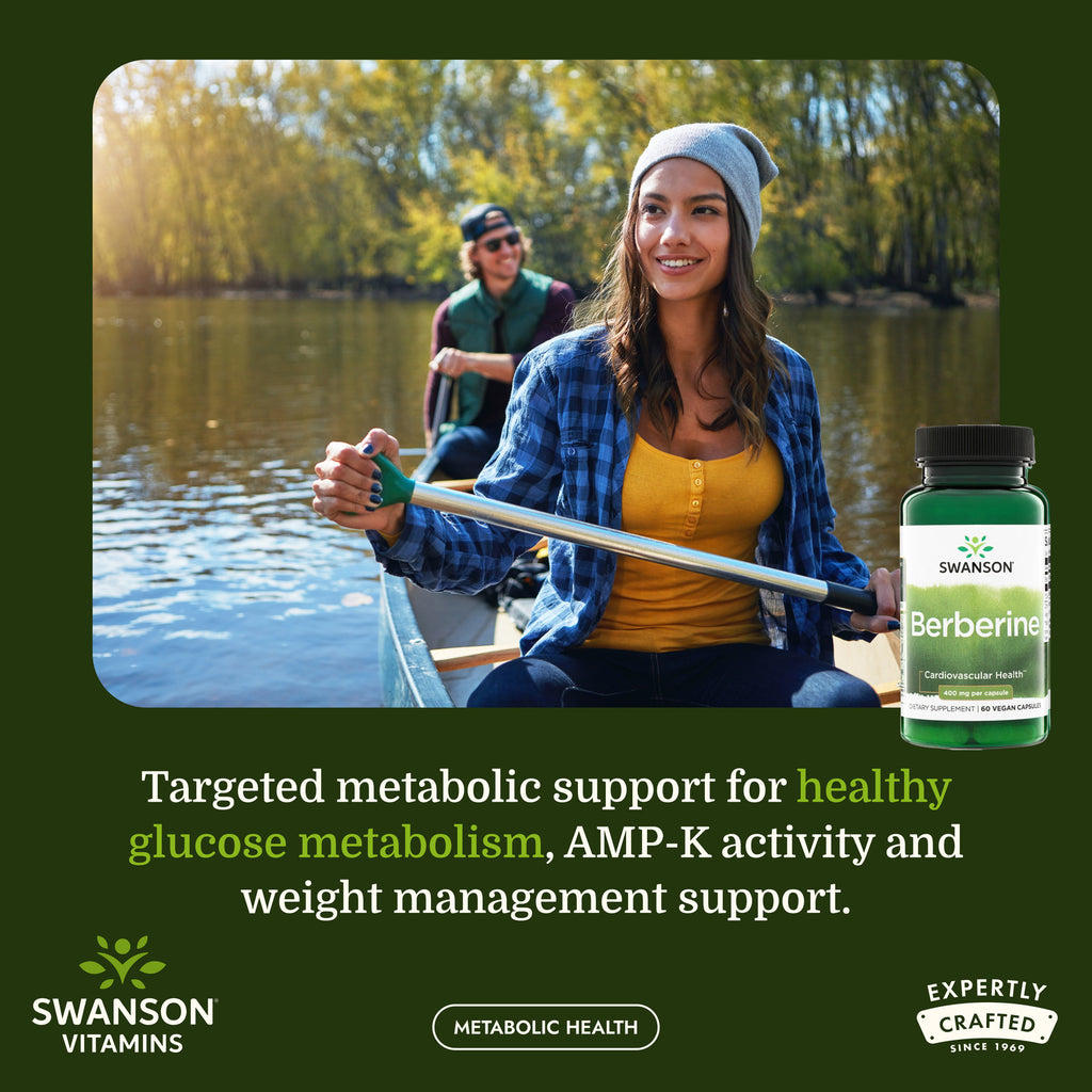 SW1411 | Swanson Berberine bottle with lifestyle canoe scene and metabolic health claim infographic - Thumbnail