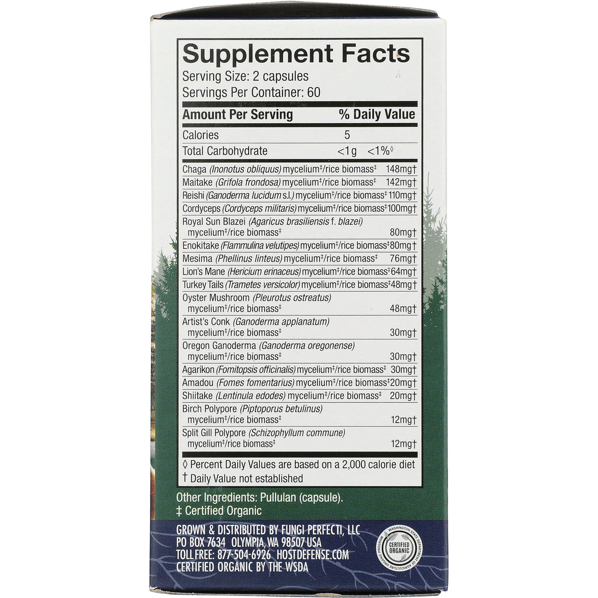 FUN003 | Supplement Facts back panel showing Serving Size 2 capsules and list of mushroom ingredients and amounts