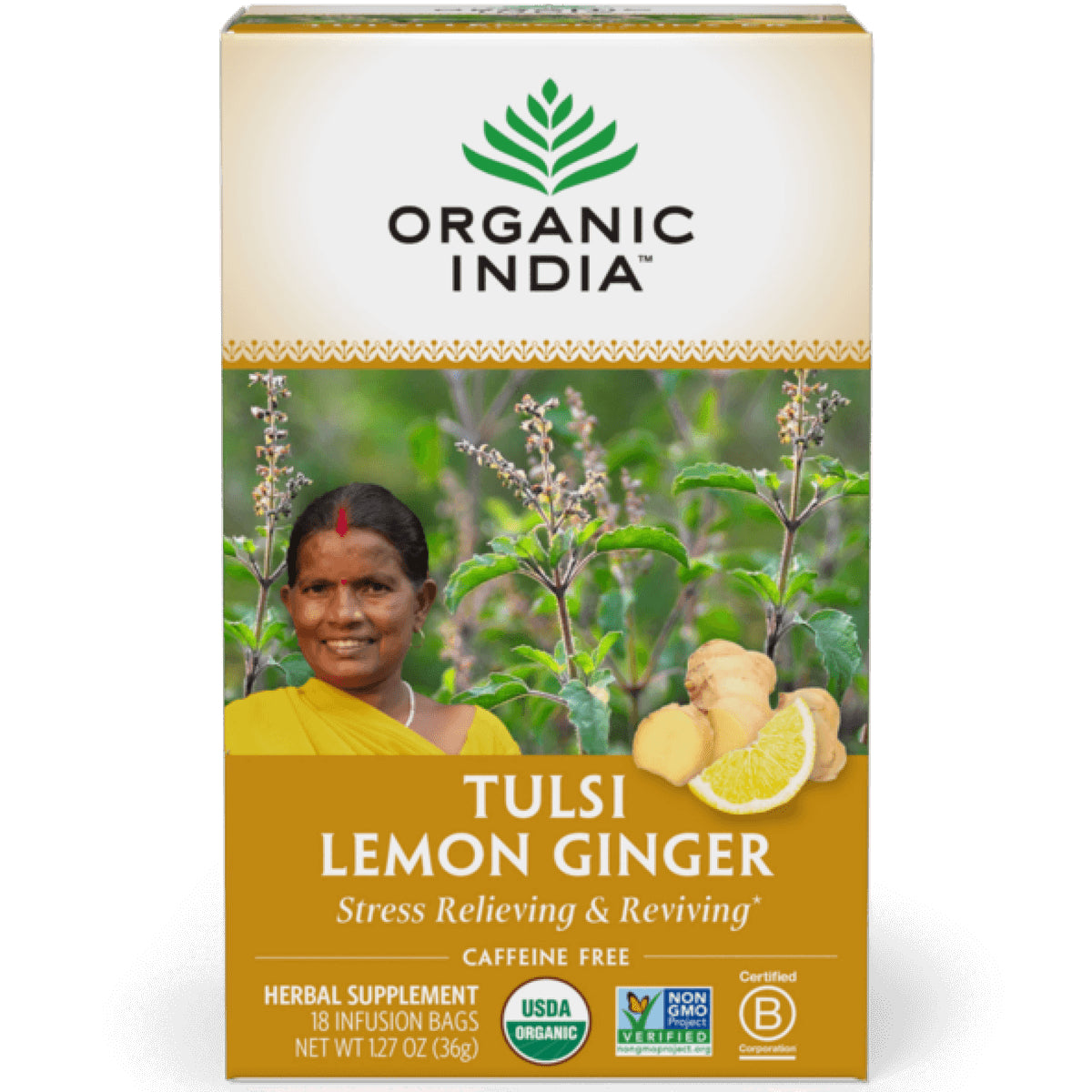 RGN006 | Organic India Tulsi Lemon Ginger tea box front with woman, ginger root and lemon slice