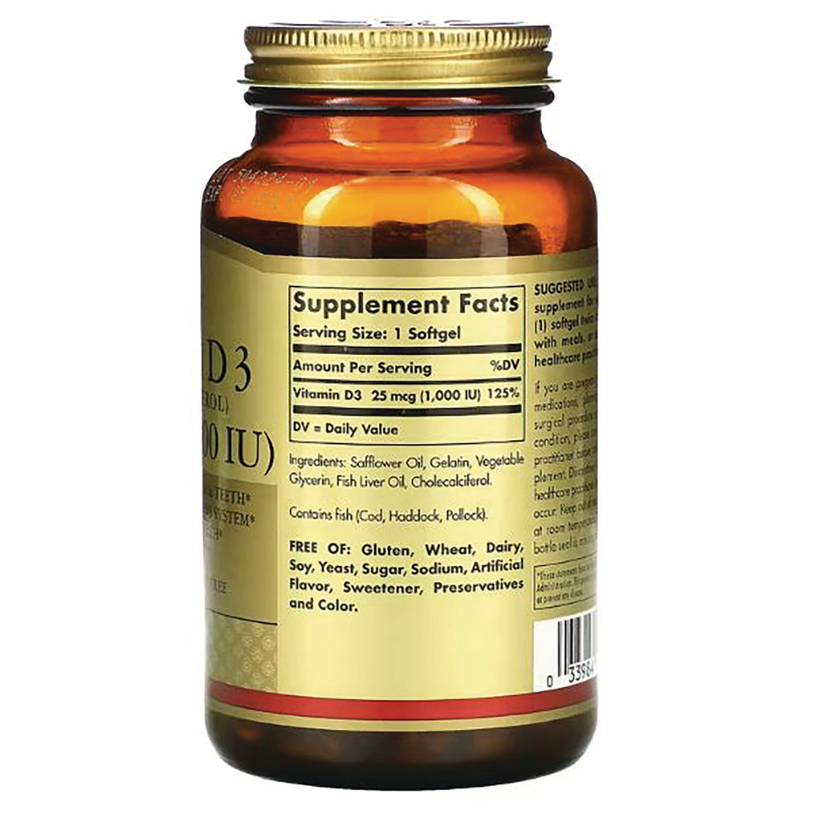 SLG246 | Back of amber supplement bottle showing Supplement Facts label, ingredients list, and barcode