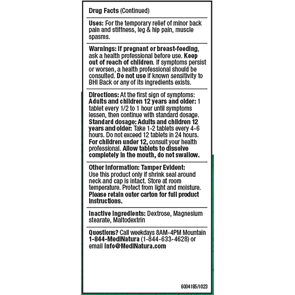MNA035 | back of BHI Back pain relief tablets carton showing Drug Facts, directions, warnings and inactive ingredients - Thumbnail