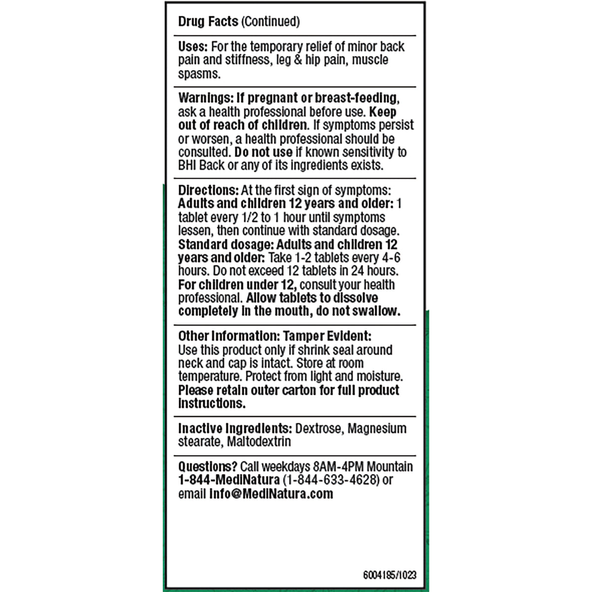 MNA035 | back of BHI Back pain relief tablets carton showing Drug Facts, directions, warnings and inactive ingredients