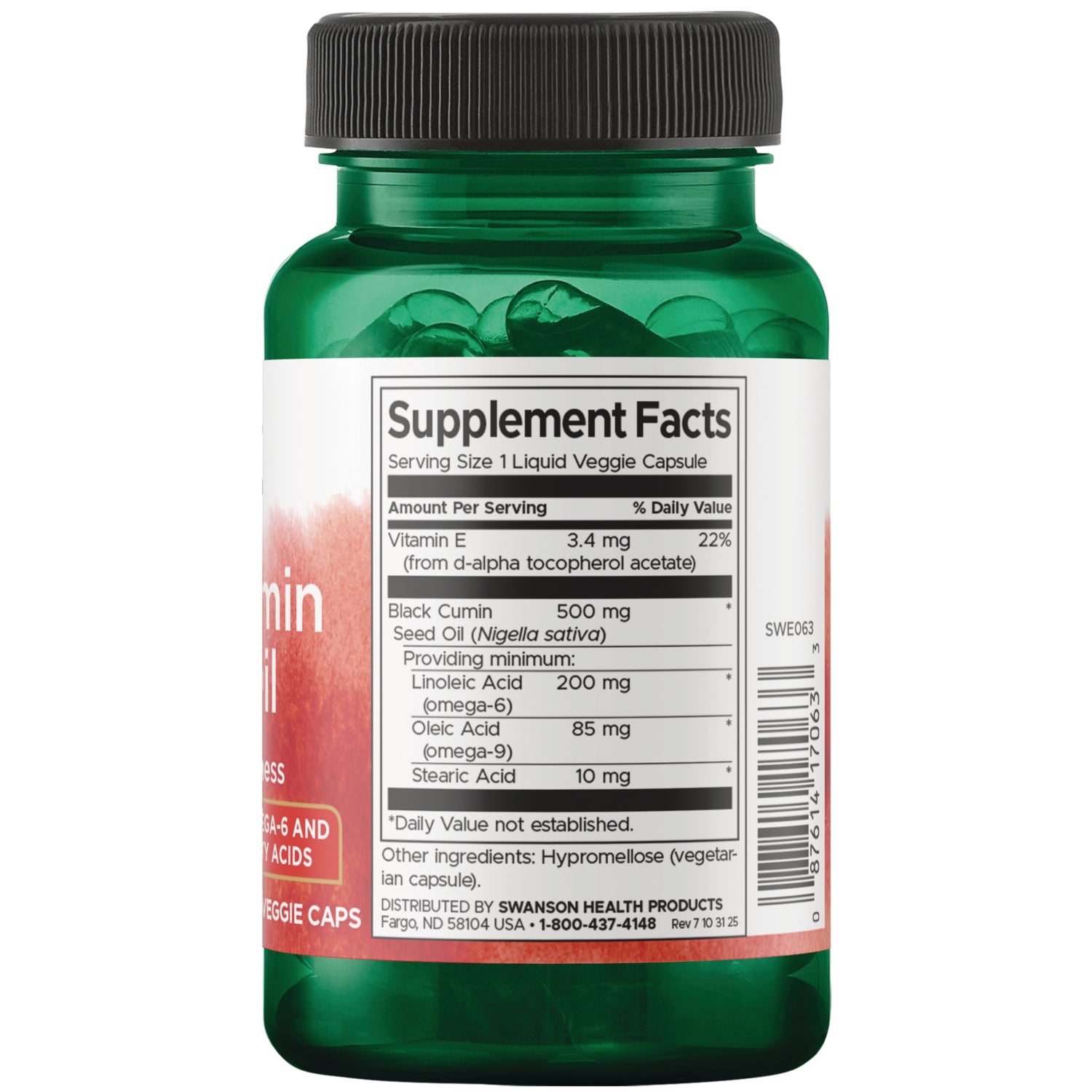 SWE063 | Back of bottle showing Supplement Facts for Black Cumin Seed Oil and barcode