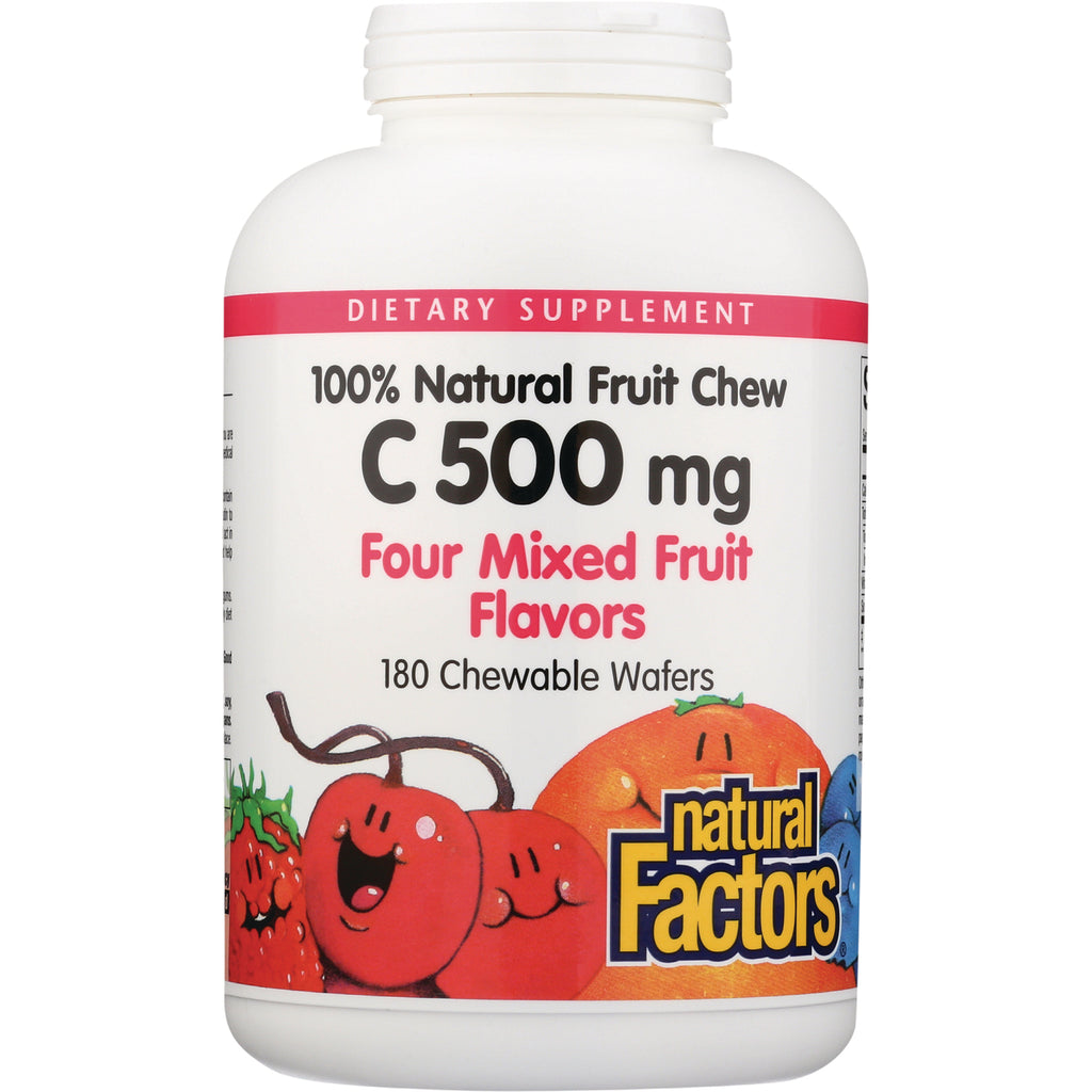 NFC092 | White bottle of Natural Factors C 500 mg chewable wafers, four mixed fruit flavors, 180-count - Thumbnail