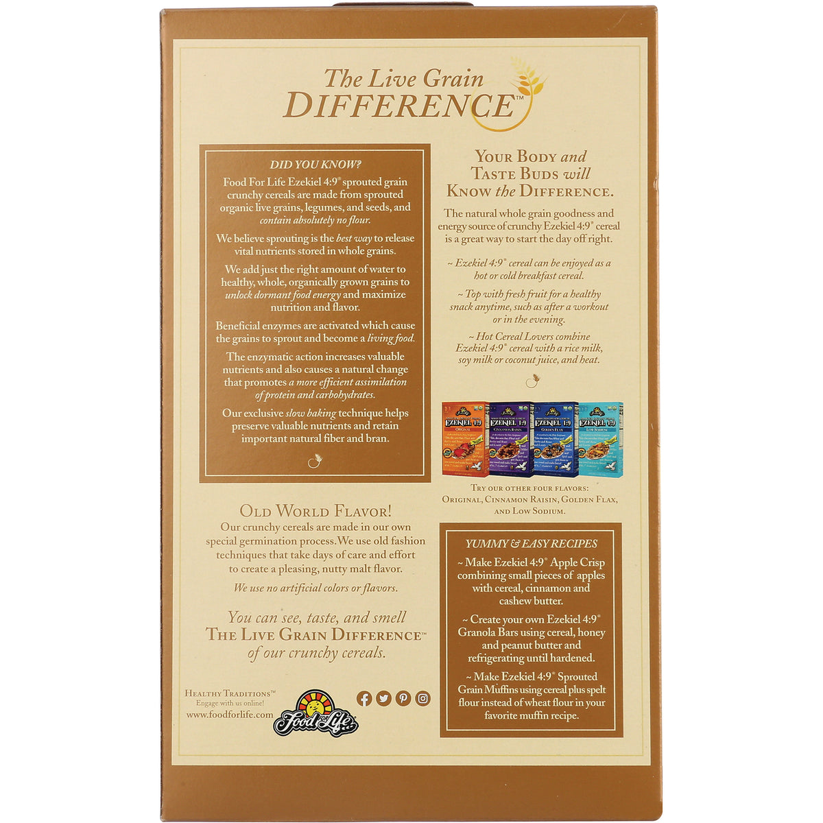 FFL001 | Back panel infographic of cereal packaging labeled The Live Grain Difference with product features, recipes, and four small flavor images