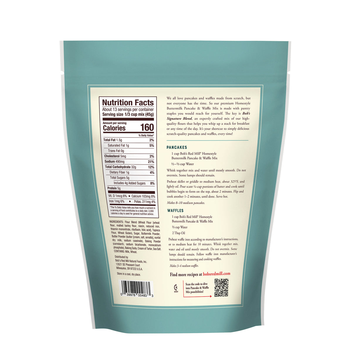 BOB482 | back of teal pancake mix pouch showing nutrition facts, ingredients, and cooking instructions