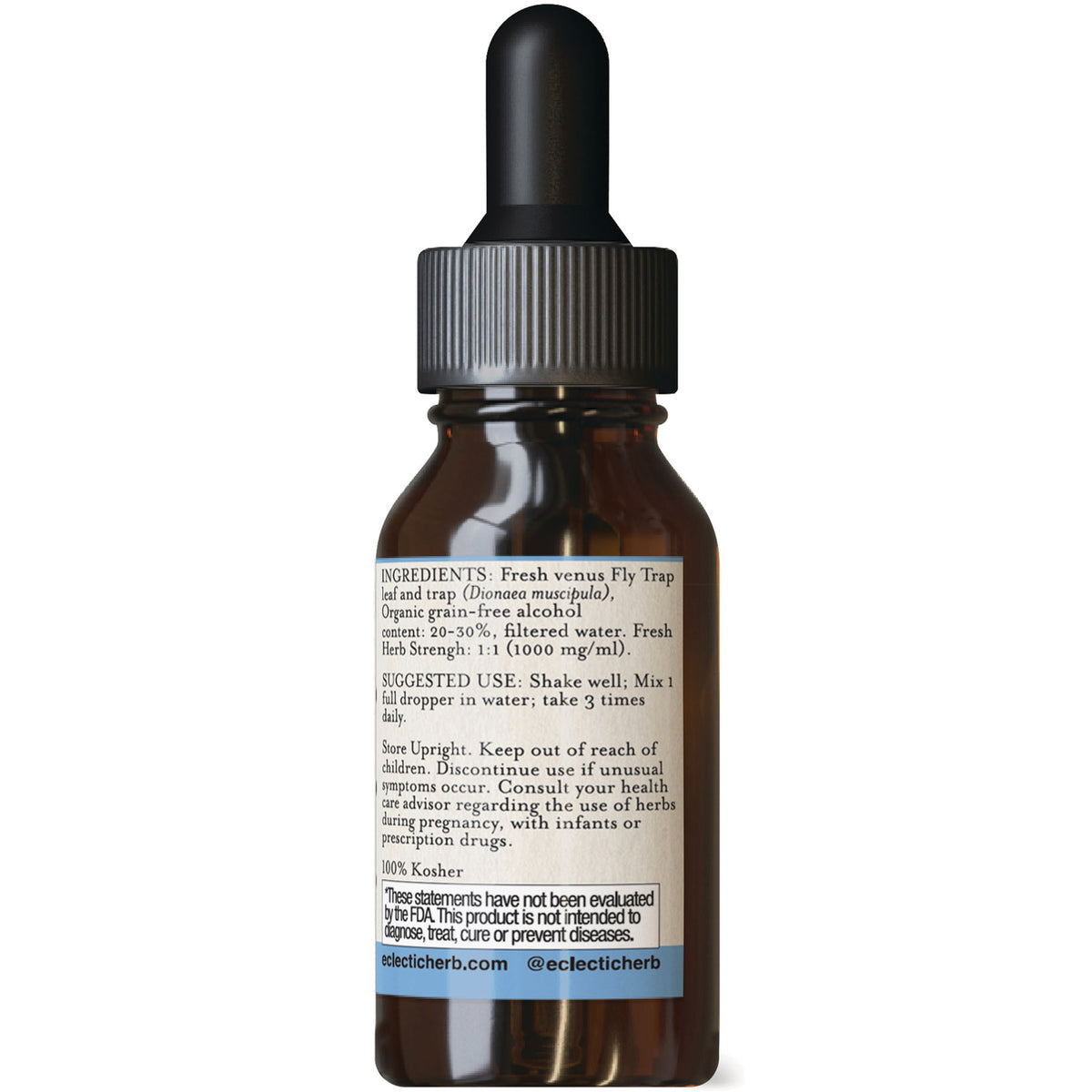 EC041 | Back label of amber dropper bottle showing ingredients, suggested use, warnings, and brand website