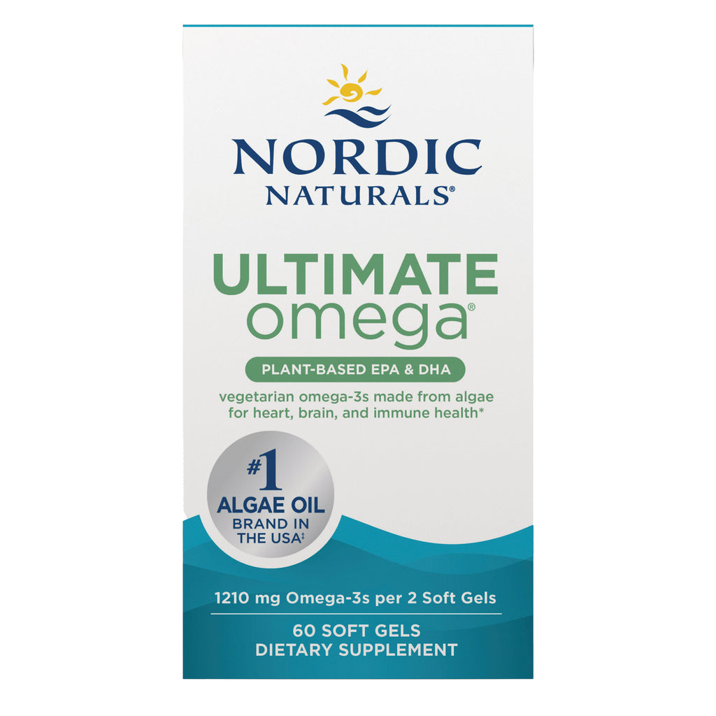NRN139 | Front of Nordic Naturals Ultimate Omega plant-based algae oil box, 60 soft gels, 1210 mg omega-3s per 2 soft gels - Thumbnail
