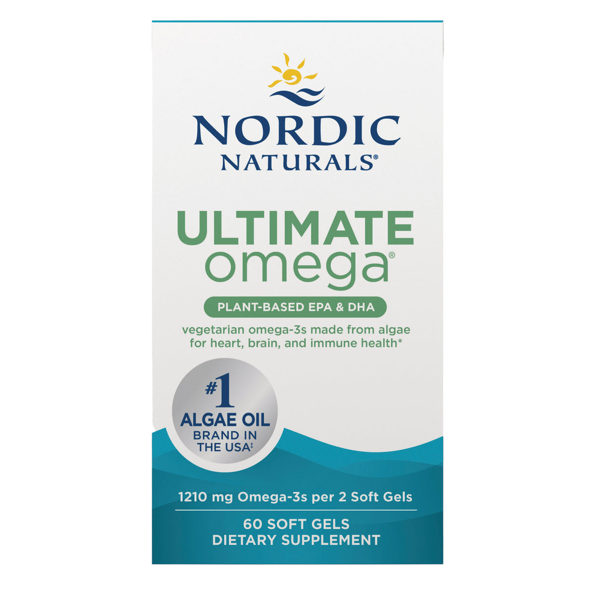 NRN139 | Front of Nordic Naturals Ultimate Omega plant-based algae oil box, 60 soft gels, 1210 mg omega-3s per 2 soft gels
