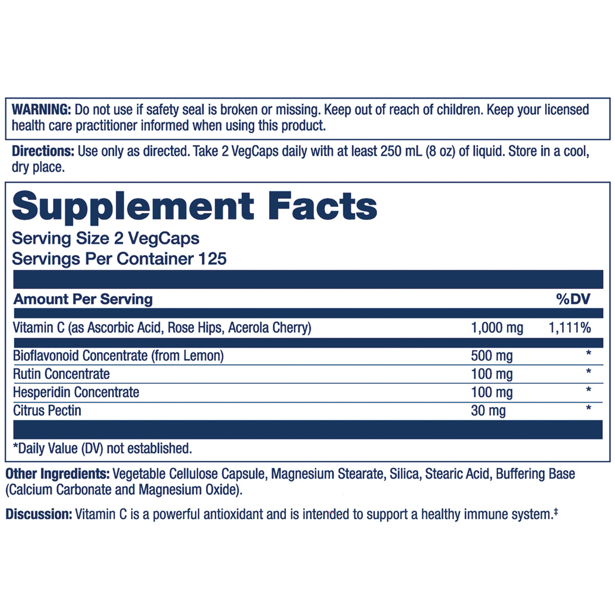 SLR320 | supplement facts label showing serving size 2 VegCaps, Vitamin C 1,000 mg and other ingredients