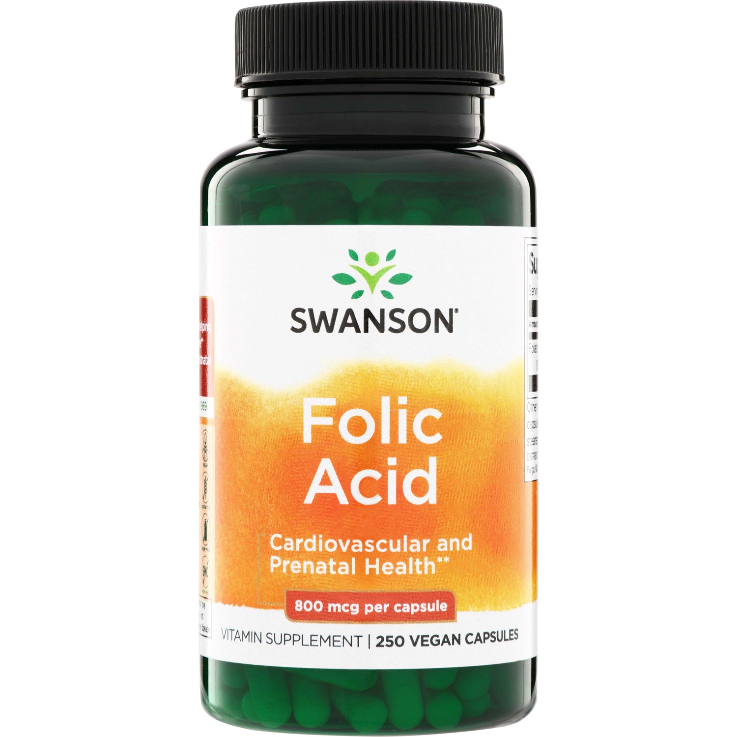 SW035 | Swanson Folic Acid supplement, 800 mcg per capsule, 250 vegan capsules bottle front