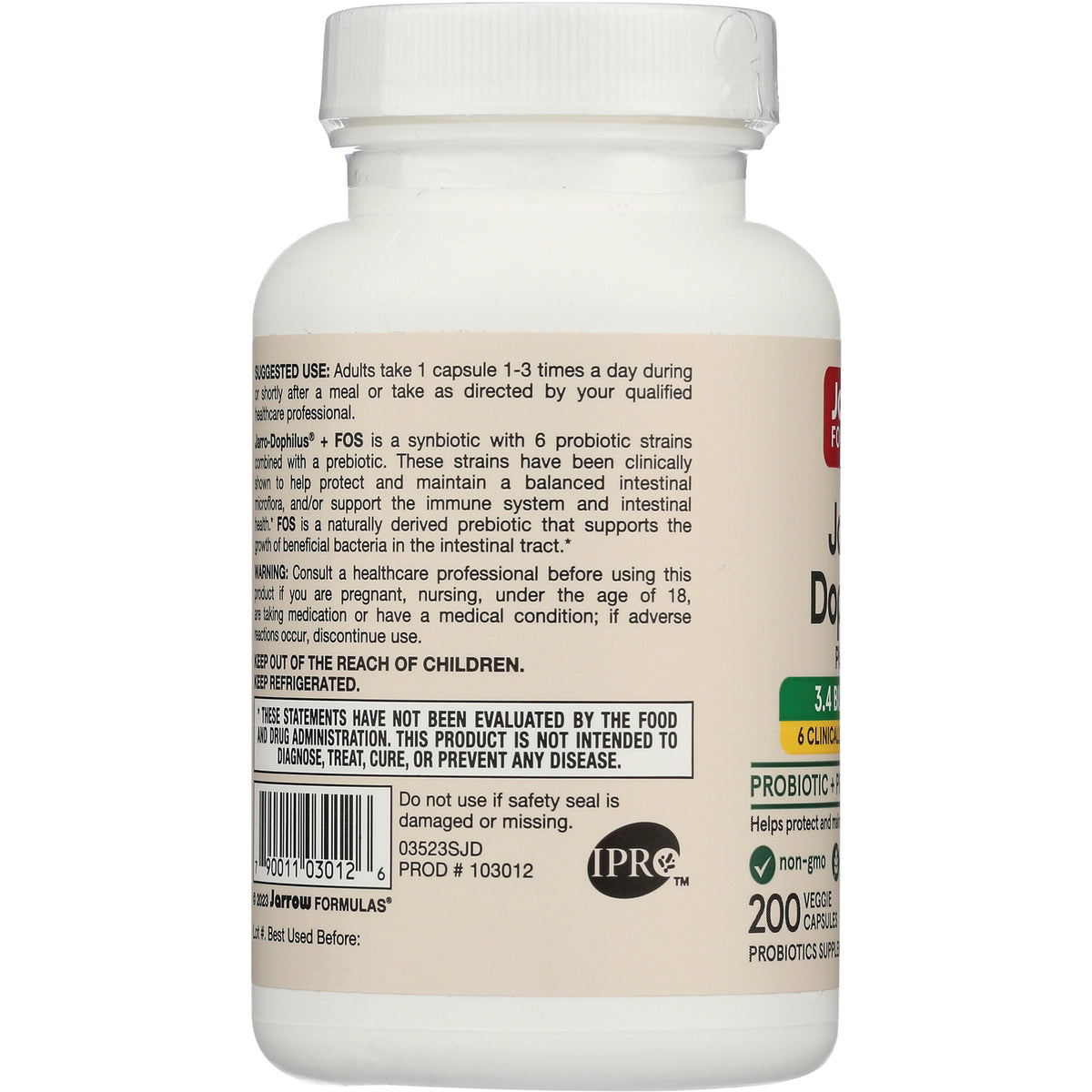 JR021 | Back of white supplement bottle showing usage directions, warning box and barcode