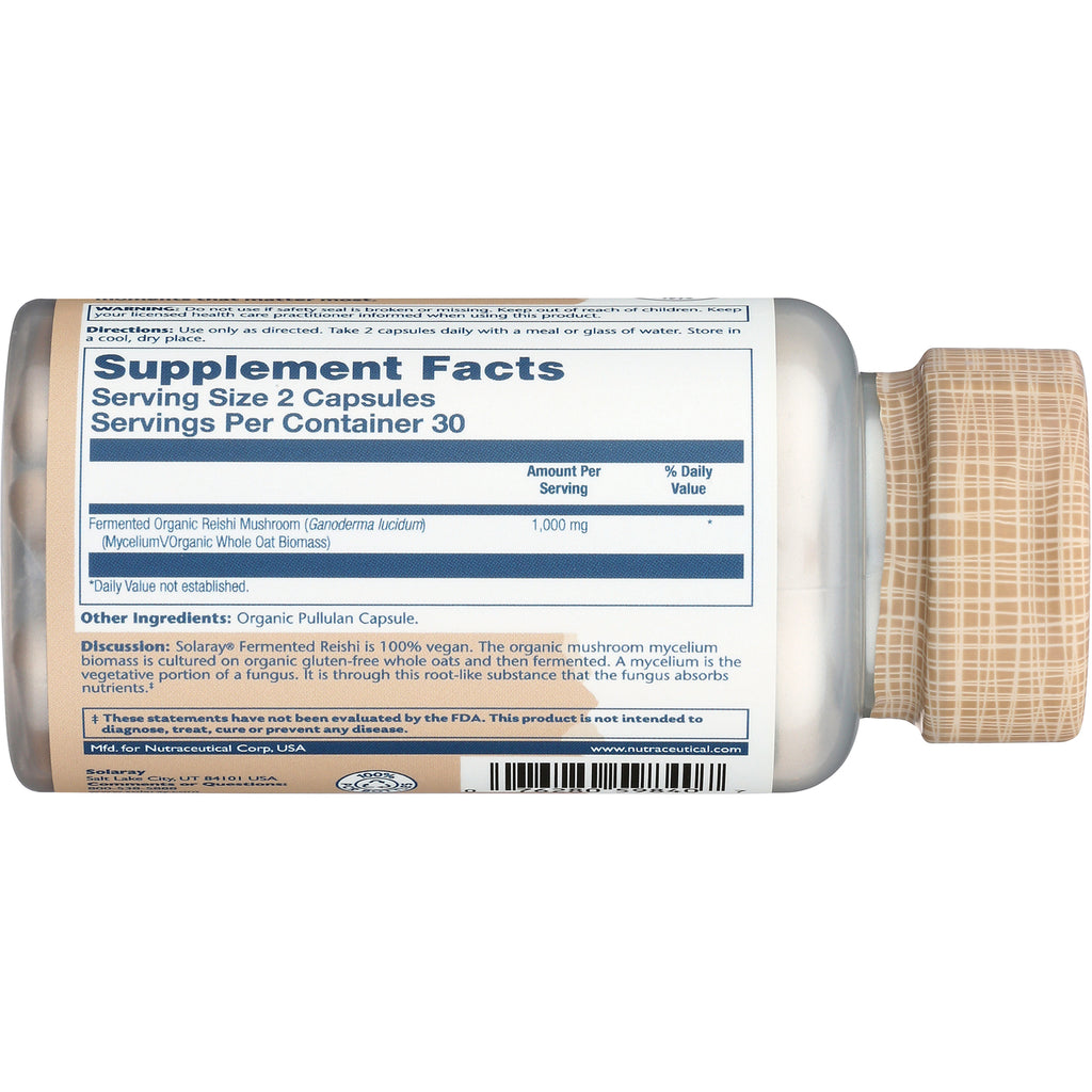 SLR464 | Bottle back label showing Supplement Facts and ingredients for fermented Reishi mushroom, serving size 2 capsules - Thumbnail