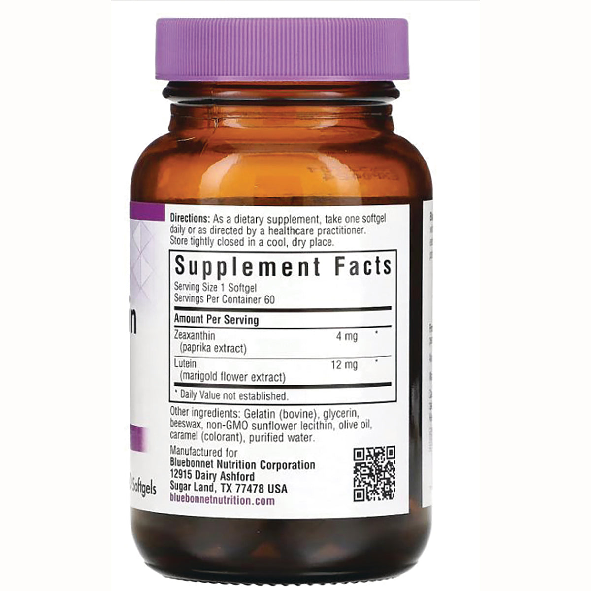 BLU137 | Back of amber supplement bottle with purple cap showing Supplement Facts panel with zeaxanthin 4 mg and lutein 12 mg, QR code
