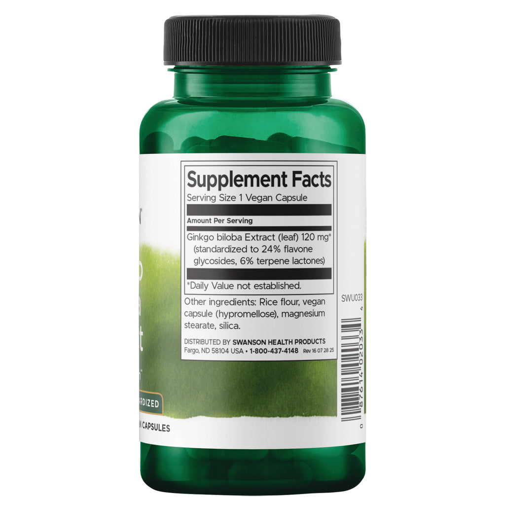 SWU033 | Supplement Facts panel: Ginkgo biloba extract 120 mg per vegan capsule, other ingredients and warnings - Thumbnail