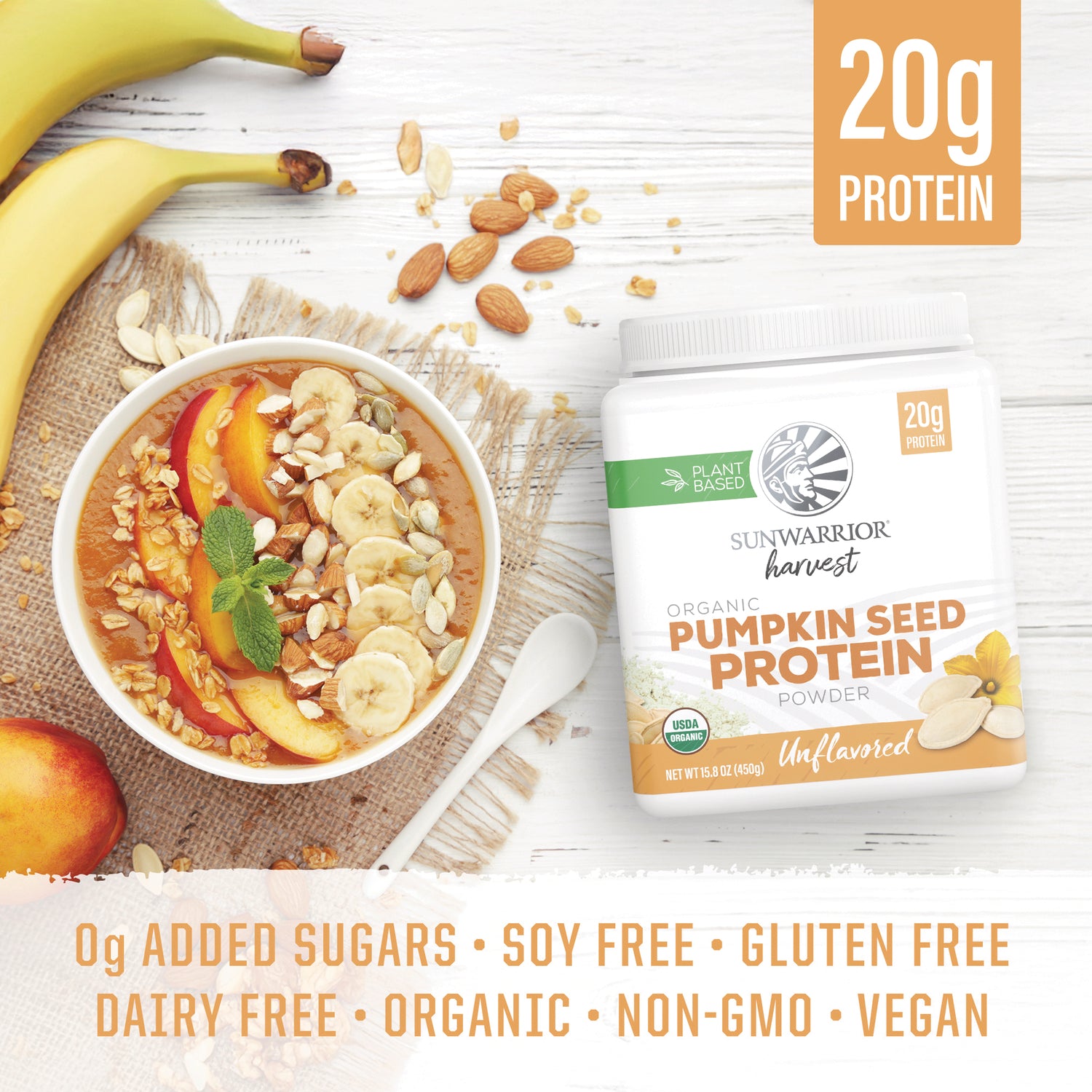 SNW069 | Sunwarrior Harvest Organic Pumpkin Seed Protein Powder with 20g protein; 0g added sugars, soy free, gluten free